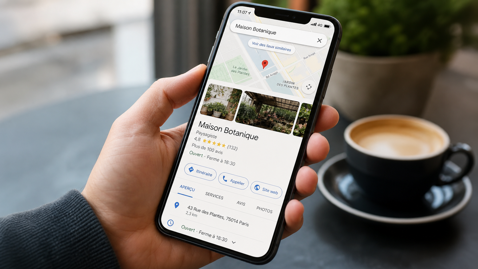 Téléphone affichant une fiche Google en français pour une entreprise locale